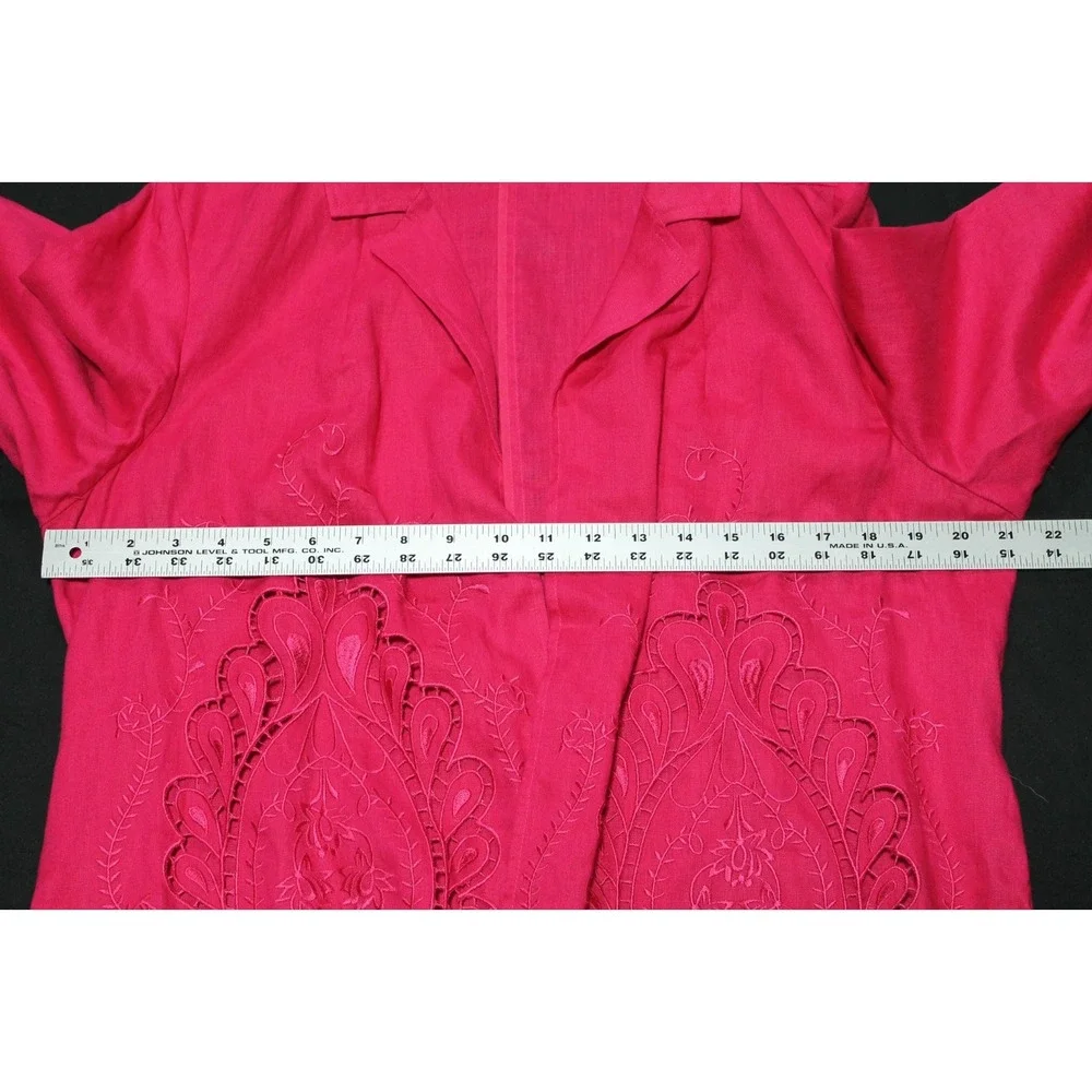 Chico's Size 2 Pink Linen Embroidered Cutwork Jacket Open Front 3/4 Sleeve